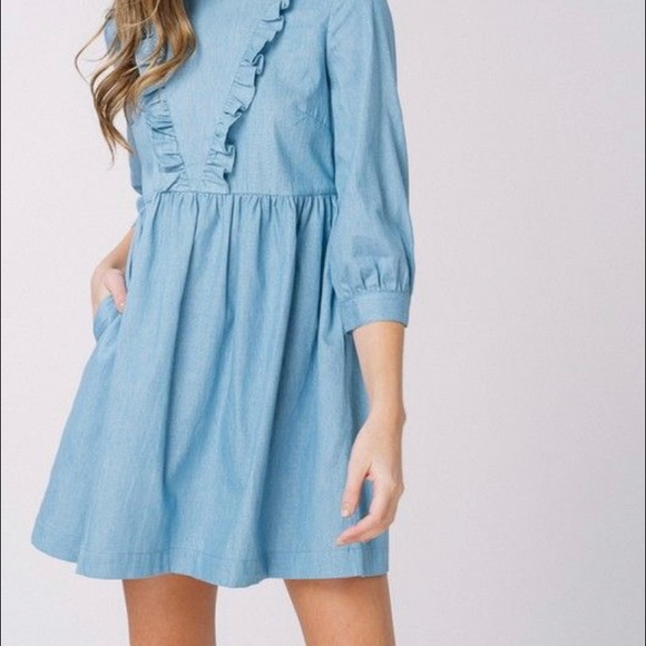 Light Wash Denim Chambray Ruffle Dress - Picture 6 of 6